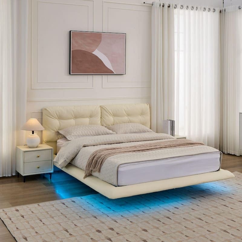Queen Upholstered Platform Bed Frame with LED Lights, Button Tufted Headboard, No Box Spring Needed