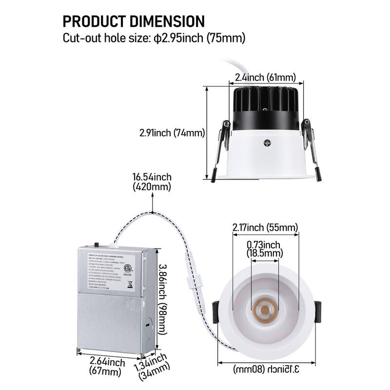 5CCT 2" LED Recessed Light with Night Light, Anti-Glare, Dimmable - 2in