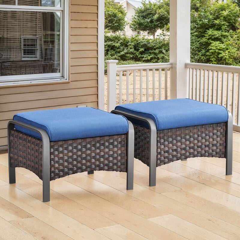 Outside Patio Wicker Ottoman with Cushion - Brown Rattan - Blue Cushion - 2PCS Ottomans