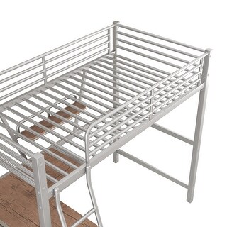 Twin Size Metal Loft Bed with Desk and Shelf,Modern Style with Built-In Ladder