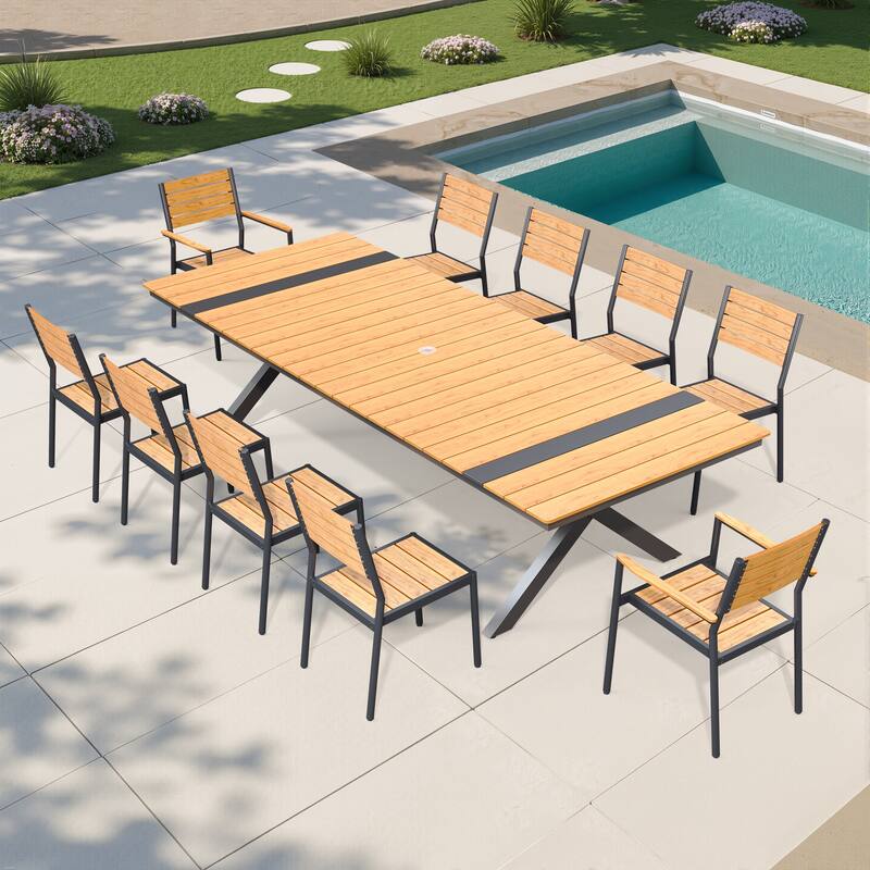 9/11PC Aluminum X Frame Outdoor Patio Dining Set Umbrella Hole Table with Stackable Chairs - N/A - 11PC-Brown