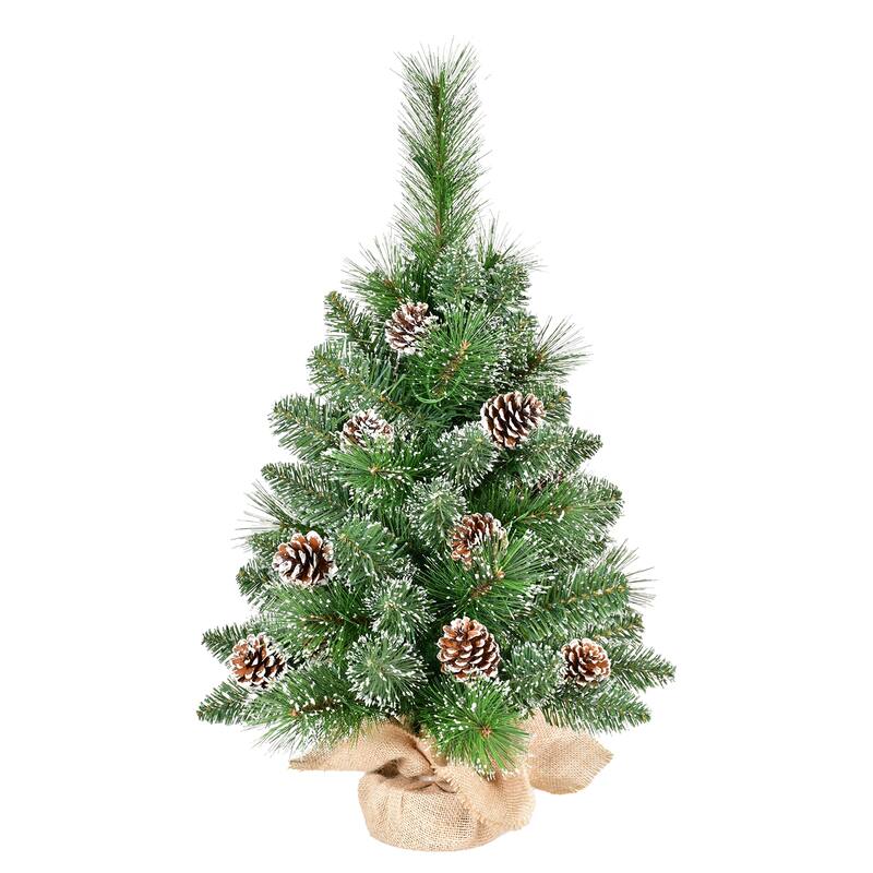 2FT Prelit Christmas Tabletop Tree with Pine Needle & PVC Branches, 30 Warm White LED Lights, Timer, 52 Brushed White Tips