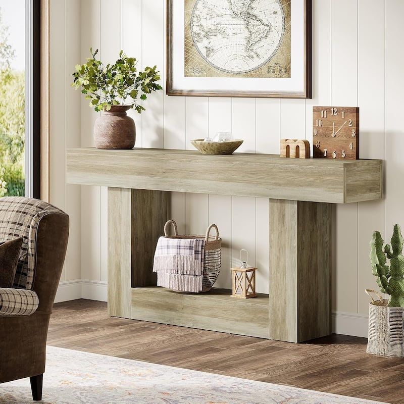 Farmhouse 2 Tiers Console Table Entryway Table with U-Shaped Base - Light Grey