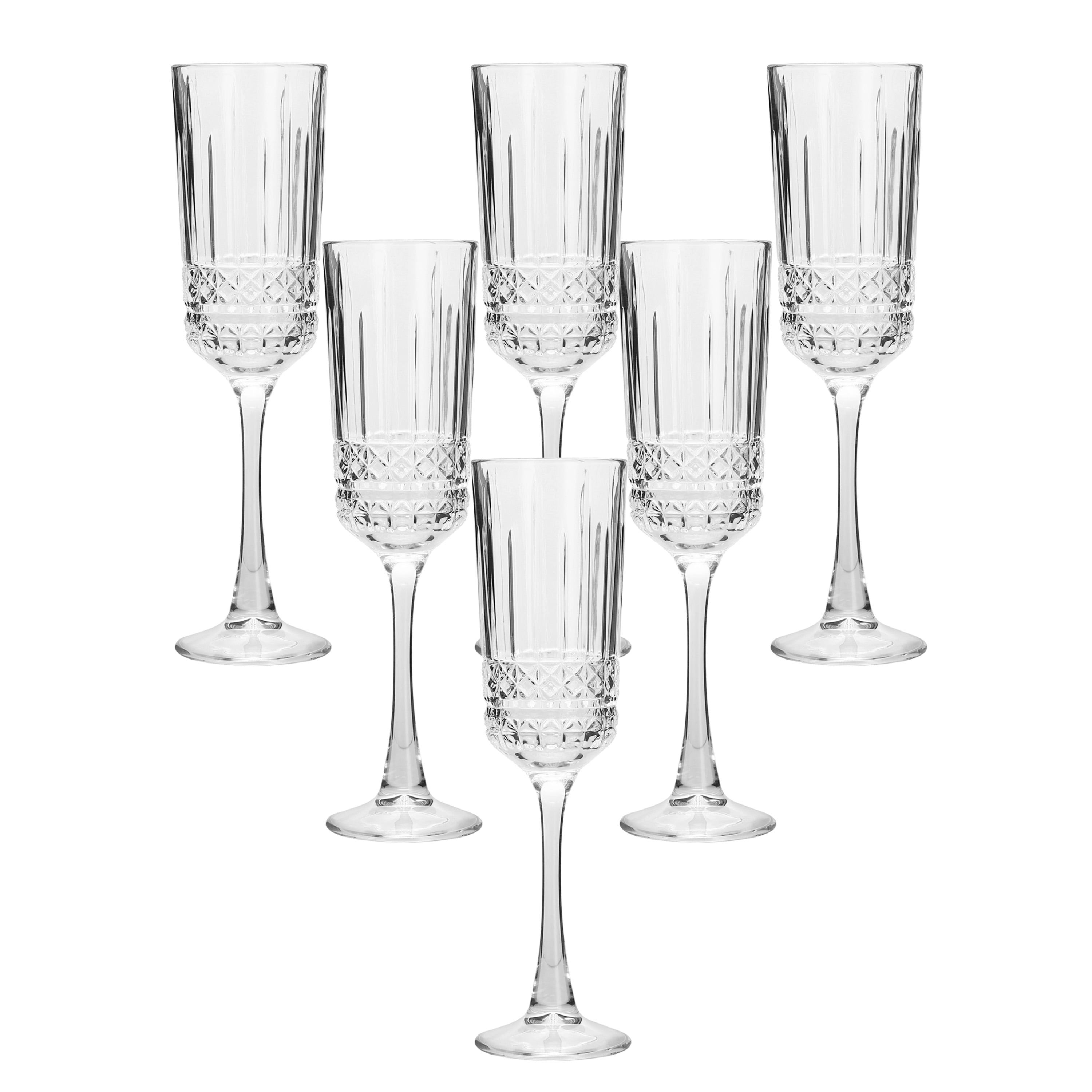 Lorren Home Trends Champagne Flute Glasses, Set of 6, 6oz, Clear, Textured Finish, Lead Free, Dishwasher Safe, 8.75" Tall