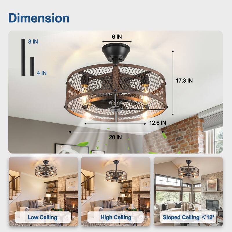 20-26" Caged outdoor Ceiling Fan with Light: Remote App Control-Farmhouse Fandelier Flush Mount Fixture Reversible 6 Speed Timer