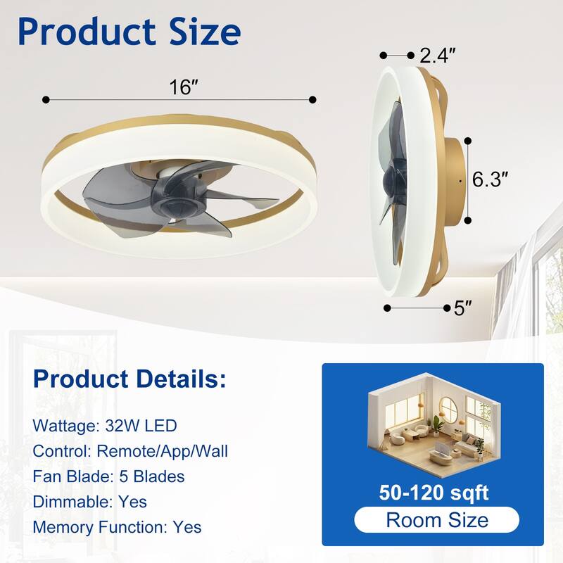 Ceiling Fan with Light: Low Profile, App Remote Control, 6-Speed, 3 CCT, Quiet DC Motor, Dimmable LED, 20" /16"