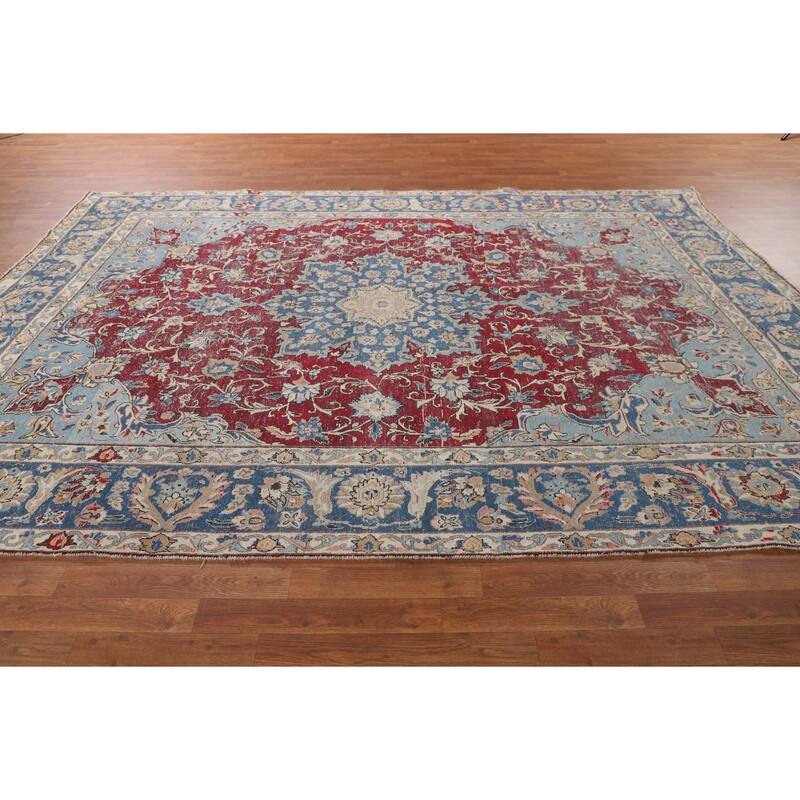 Distressed Mashad Persian Vintage Area Rug Hand-Knotted Wool Carpet - 8'5" x 11'5"