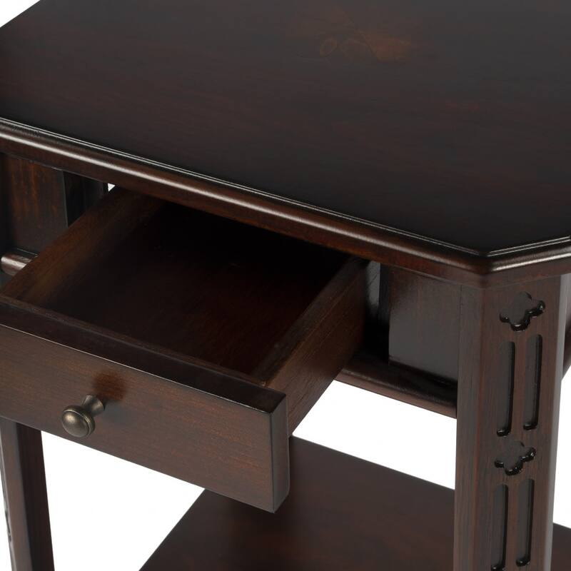 HomeRoots 27" Dark Brown And Cherry Manufactured Wood Rectangular End Table With Drawer And Shelf - 15