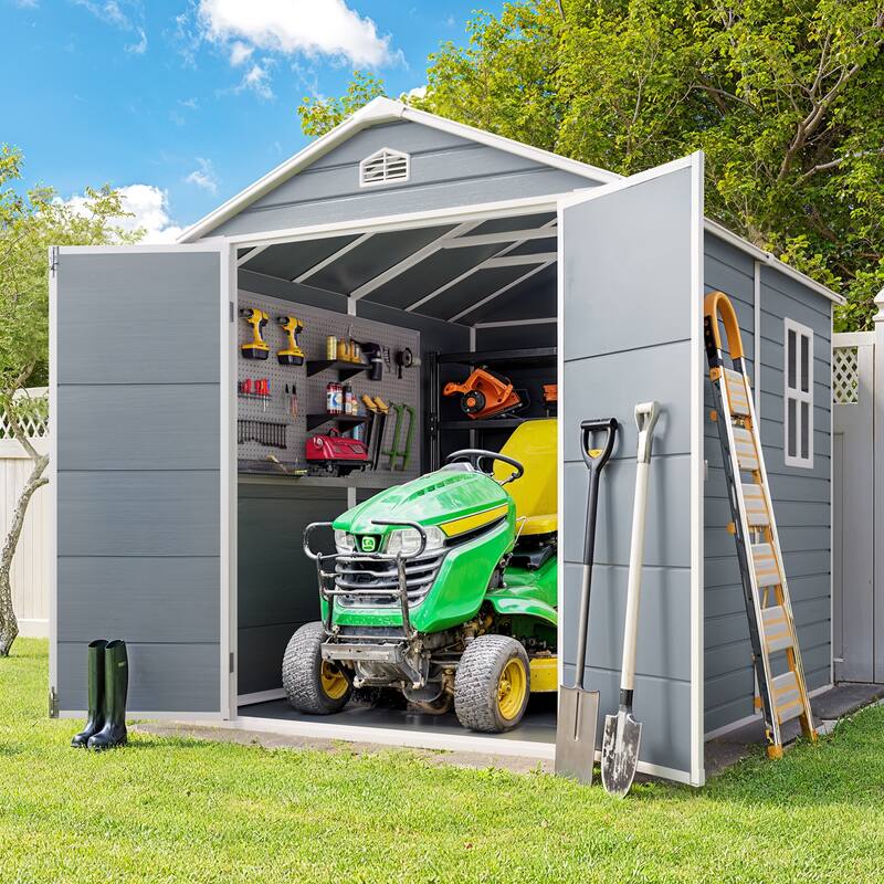 5x3 / 6x4 / 8x6 FT Outdoor Storage Shed with Floor, Resin Garden Tool Shed with Lockable Doors, Waterproof Plastic Storage Sheds