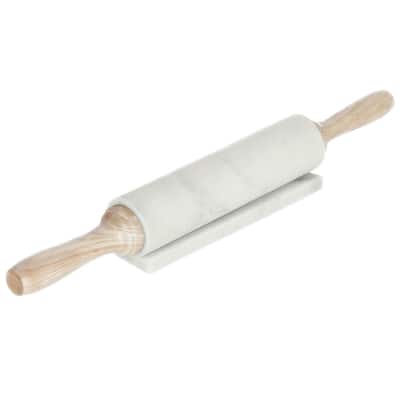 White Marble & Mango Wood Rolling Pin w/ Base (labeled 792715) - White