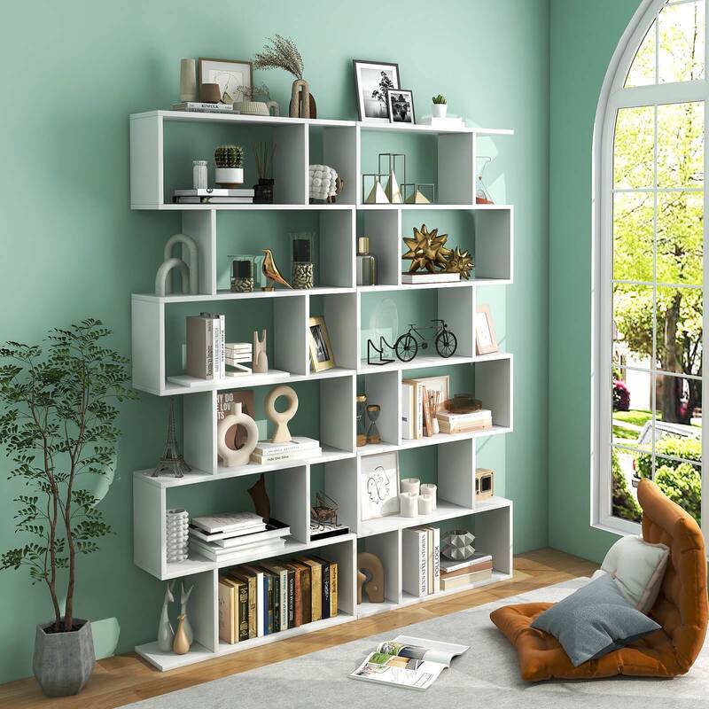 S-Shaped 6-Tier Freestanding Bookshelf with Open Storage Shelves for Living Room or Bedroom