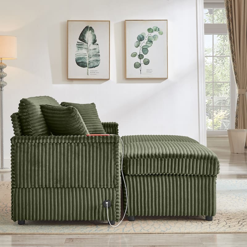 Modular Chaise Sleeper Sofa Bed, Corduroy Loveseat Couch & Storage Ottomans Set with Folding Table Boards and USB Ports