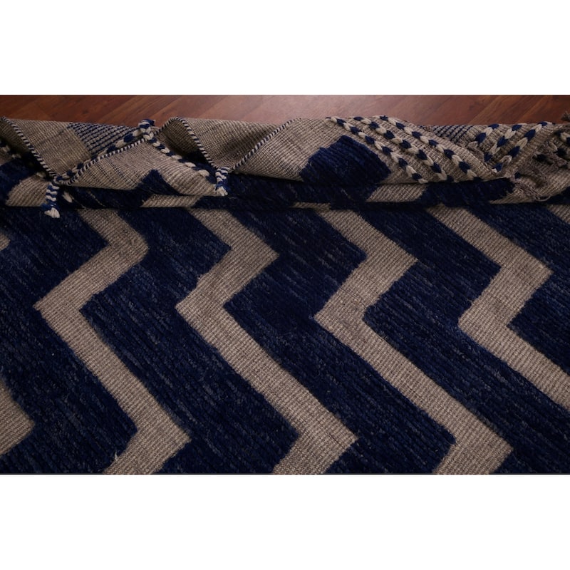 Blue Geometric Moroccan Modern Large Area Rug Hand-Knotted Wool Carpet - 11'8"x 15'6"