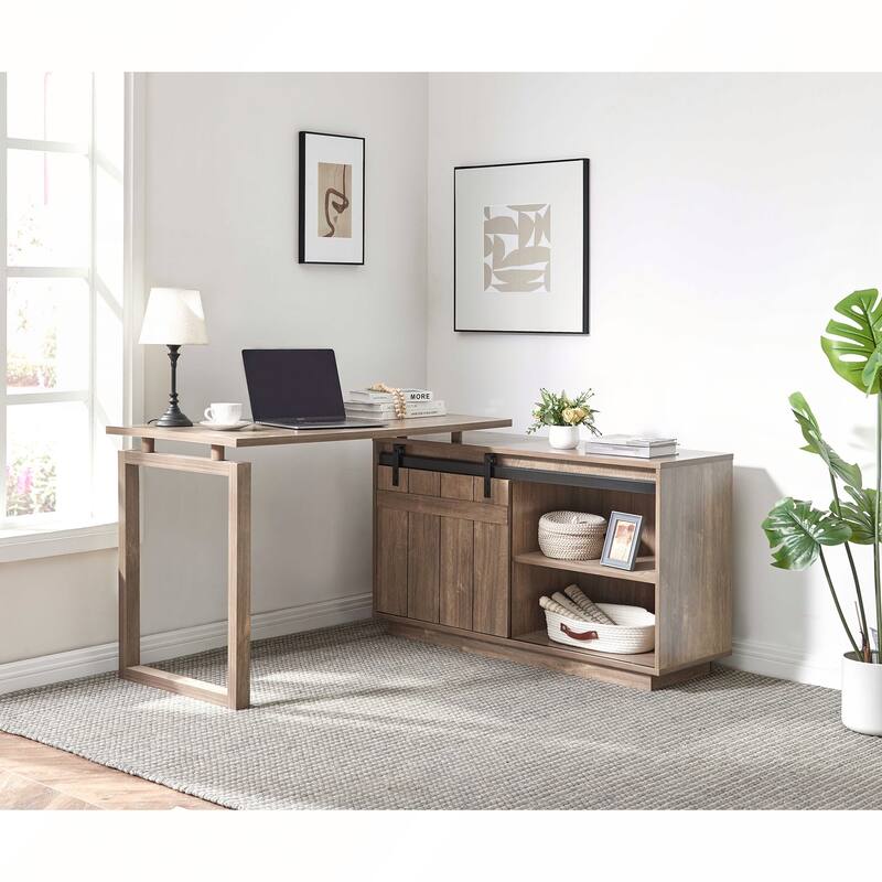 L Shaped Desk with Storage Credenza Sliding Barn Door - Light Brown