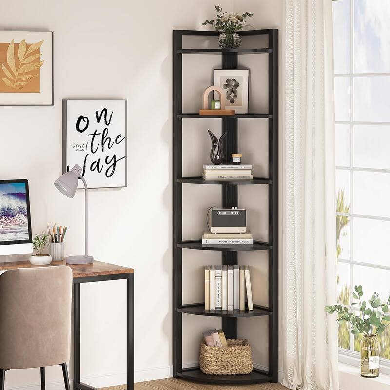 5 Tier Corner Shelves, Rustic Industrial Corner Bookshelf Bookcase - 6 Tier - Black
