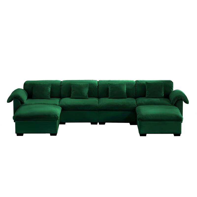 Velvet Fabric Modular Cloud Couch with Storage Seat,Free Combination - Green+4 Seat+2 Ottoman