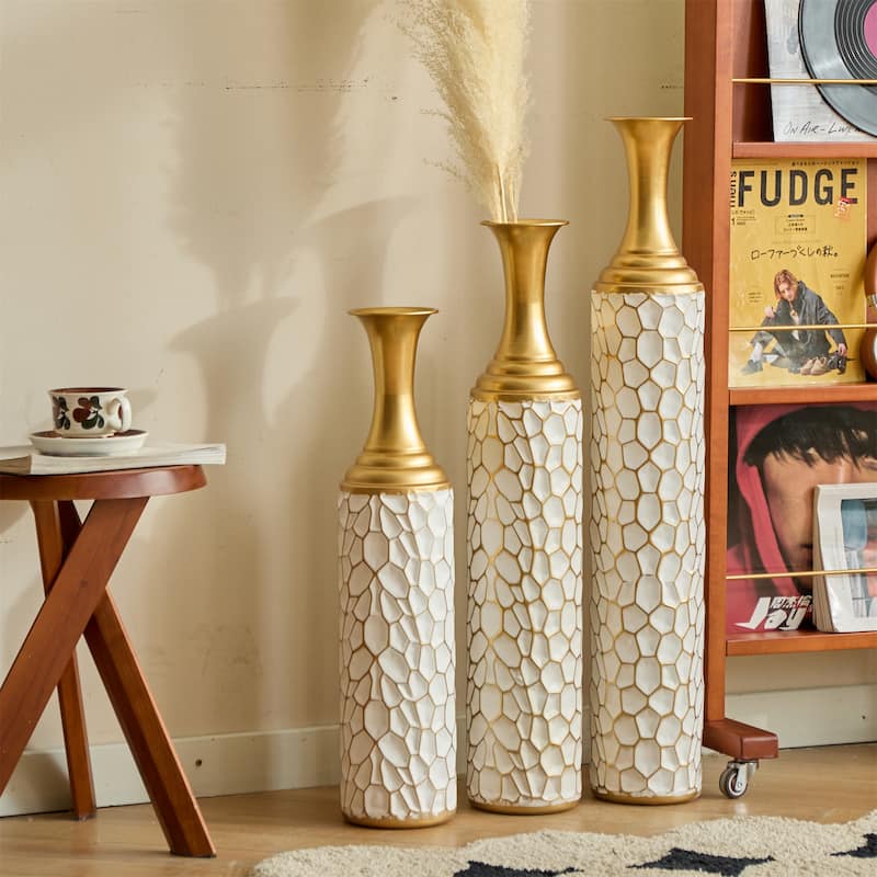 Decorated Floor Glazed Metal Vases (Set of 3)