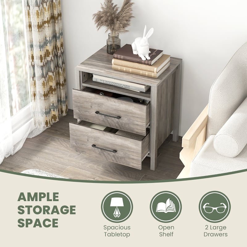 Gymax Nightstand w/ 2 Drawers Farmhouse Bed Side Table w/ Open Storage