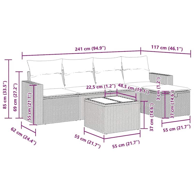 vidaXL Patio Sofa Set with Cushions Outdoor Conversation Furniture Poly Rattan - 21.7" x 24.4" x 27.2"