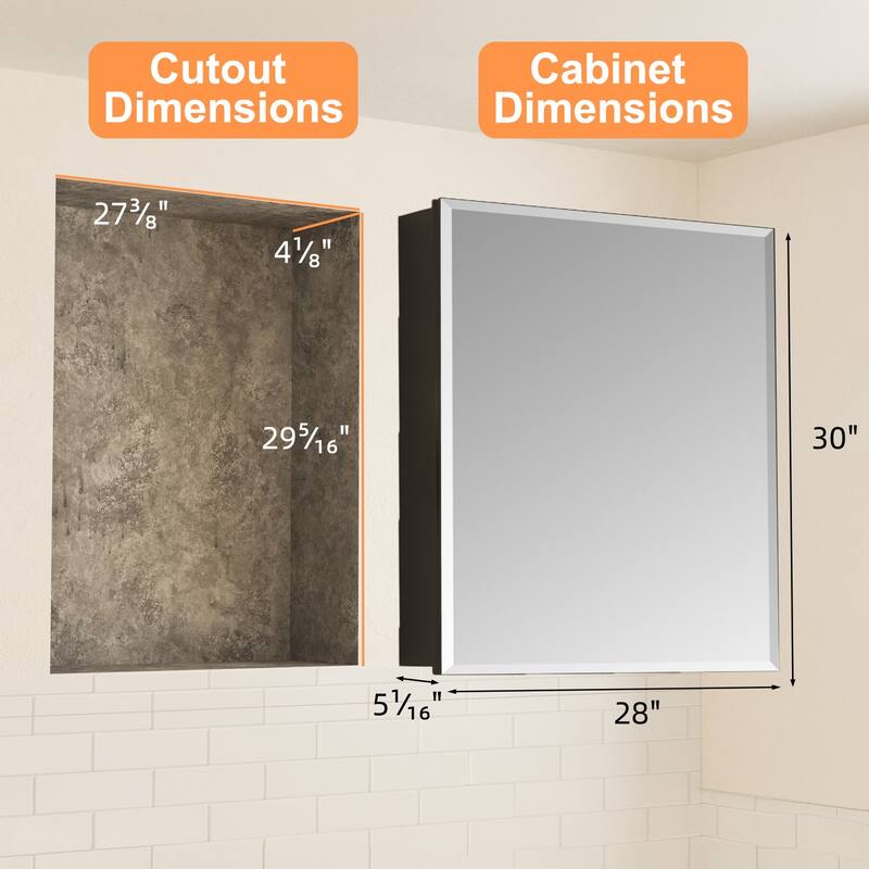 Belle Medicine Cabinet with Mirror, Adjustable Shelves, Recessed or Wall Mount