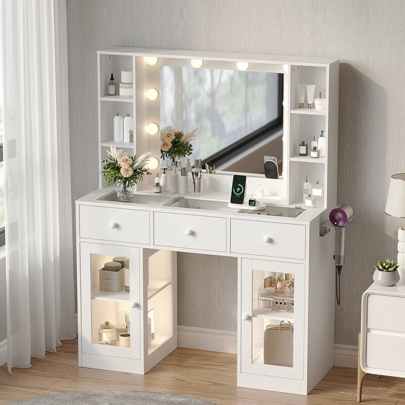 Particle Board, Melamine Veneer, 2 Drawers and 1 Door, Glass Desktop, Barn Door Style Dressing Table - N/A