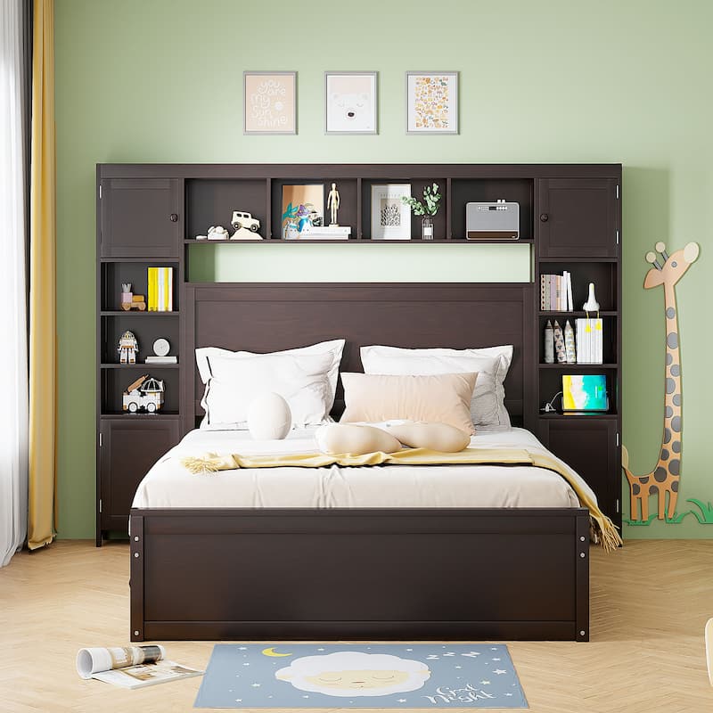 Full/Queen Size Bed with Storage Drawers, Headboard Cabinet, Shelves, Sockets, Twin/Twin XL Trundle, Solid Wood Platform Bed