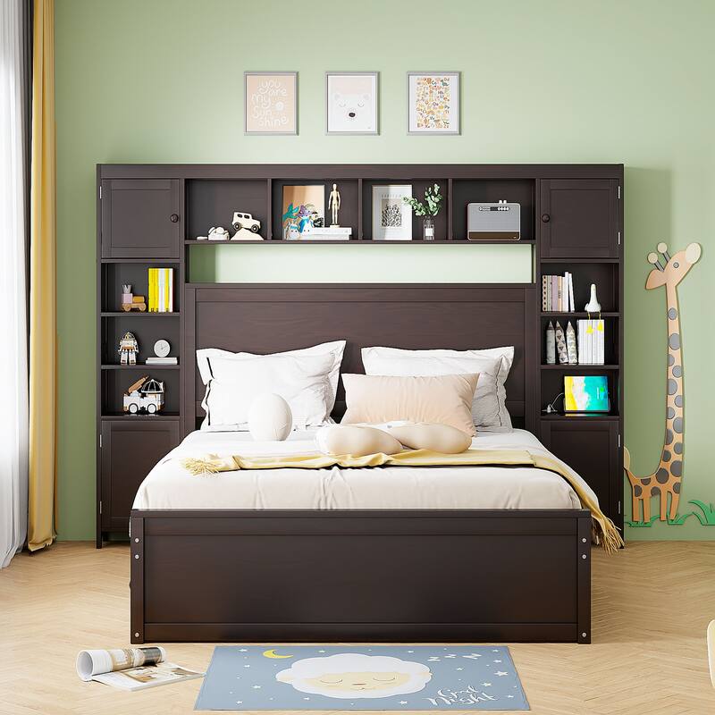 Queen Size Wooden Platform Bed with Storage, Shelves, Outlets and Trundle in Espresso