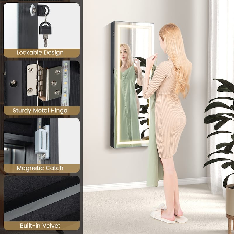 Gymax LED Mirror Jewelry Cabinet Wall/Door Mounted Organizer Armoire