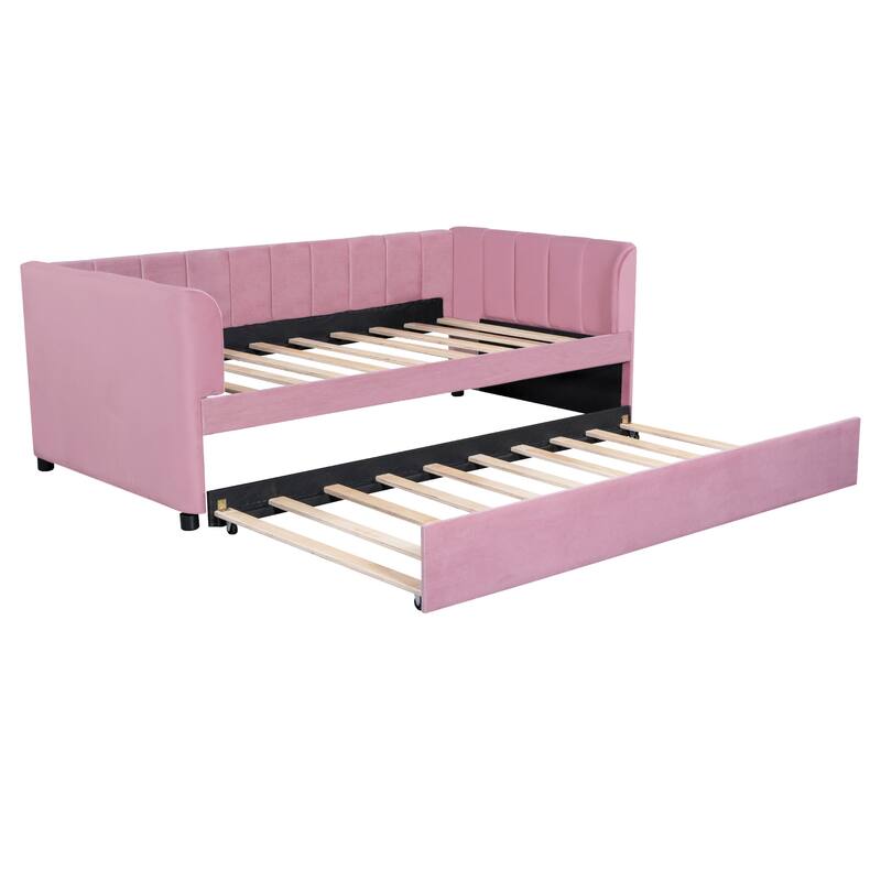 Twin Upholstered Daybed with Ergonomic Backrest and Roll-Out Trundle, Ideal for Small Apartments and Guest Rooms