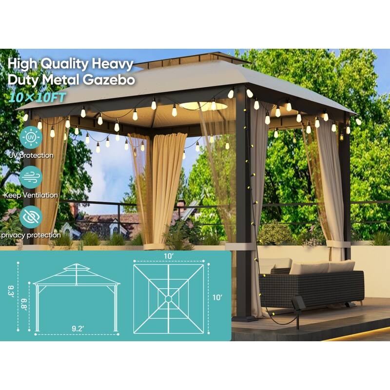 10X10FT Softtop Metal Gazebo with Mosquito Net&Sunshade Curtains