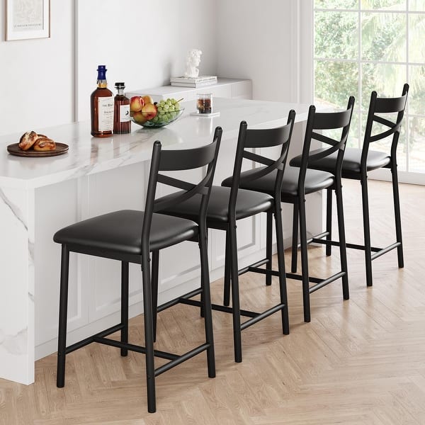 slide 2 of 9, Bar Stools Set of 4, Upholstered Bar Chairs with Back - 16.14x16.14x37.8in Set of 4 - Black