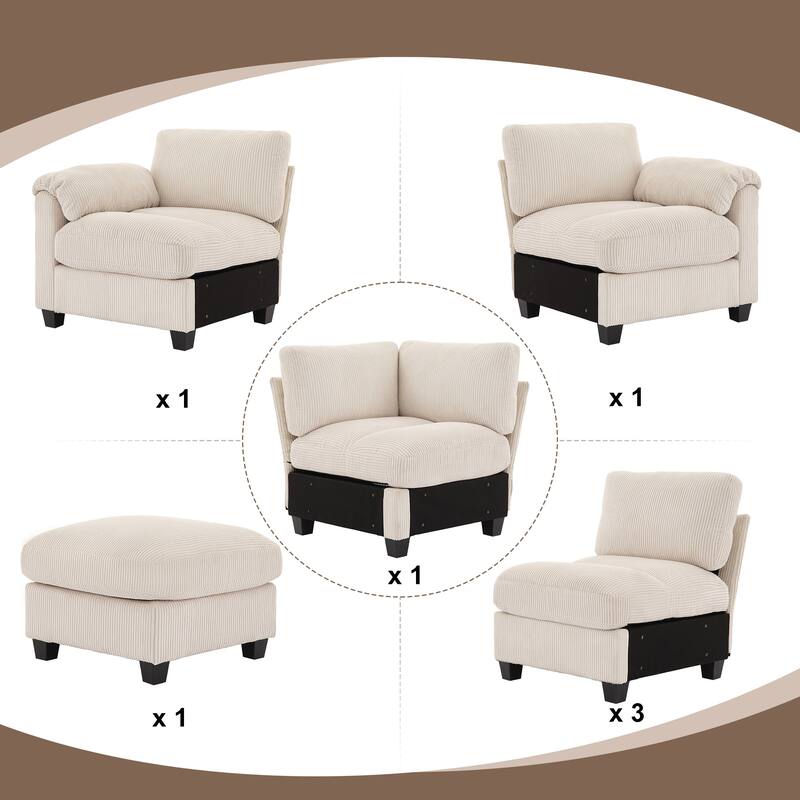 Corduroy Corner Sectional Sofas with a Removable Ottoman, L-shaped Reversible 7-seat Modular Couch