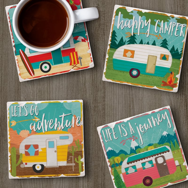 Counterart Absorbent Stone Coaster, Happy Campers, Set of 4 - 4.01x4.08