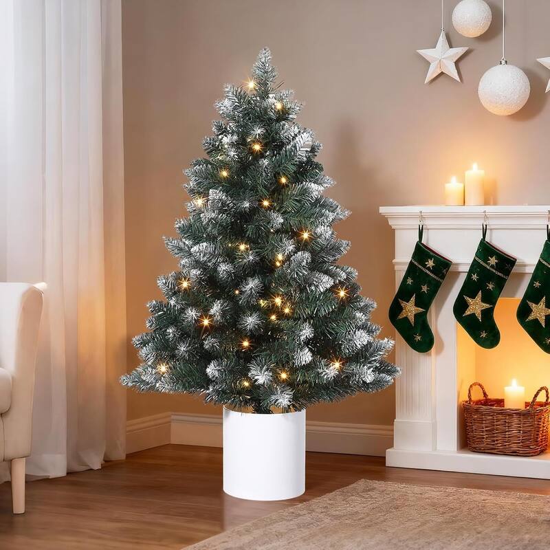 3 Feet Small Pre-Lit Snow Flocked Christmas Tree for Tabletop Decor - 3 ft