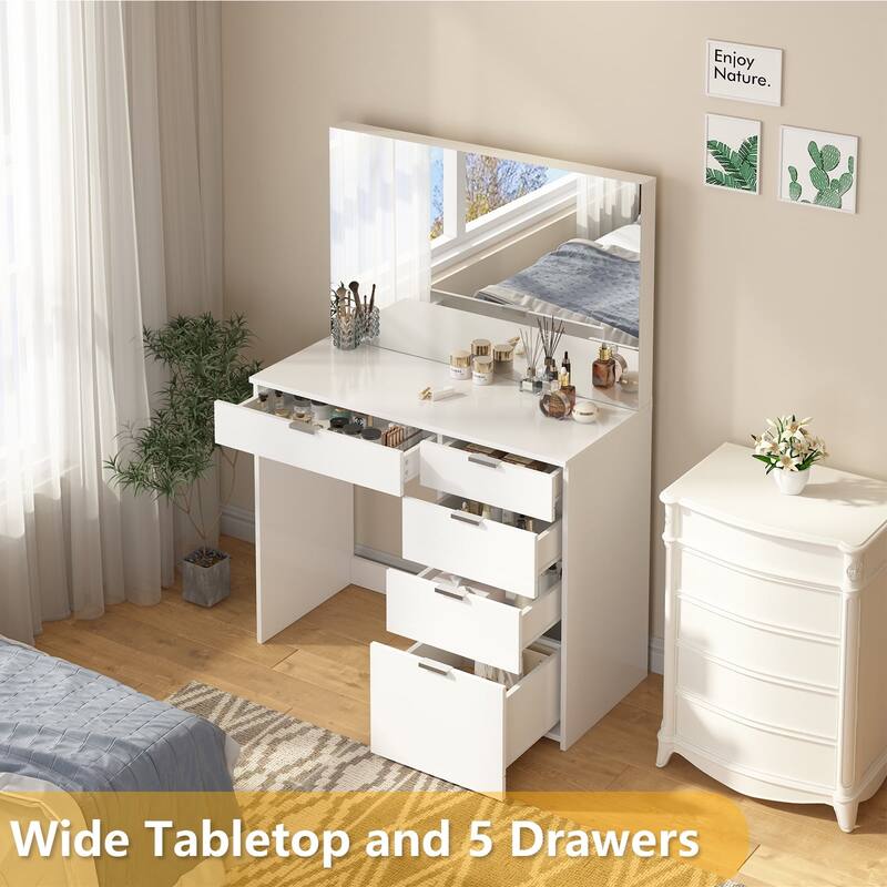 SUGIFT Modern Vanity Table Vanity Desk with 5 Drawers, White