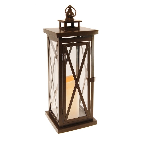 17" Battery Operated Black CrissCross Design Metal Lantern with LED Candle - N/A