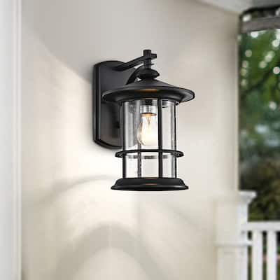1-Light Outdoor Wall Sconce Lantern, Black Finish with Seeded Glass Shade - 13*8*10