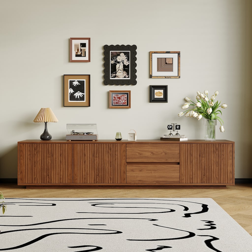 Walnut Brown Mid-Century 79" TV Stand with Storage, Retro Media Console for Living Room