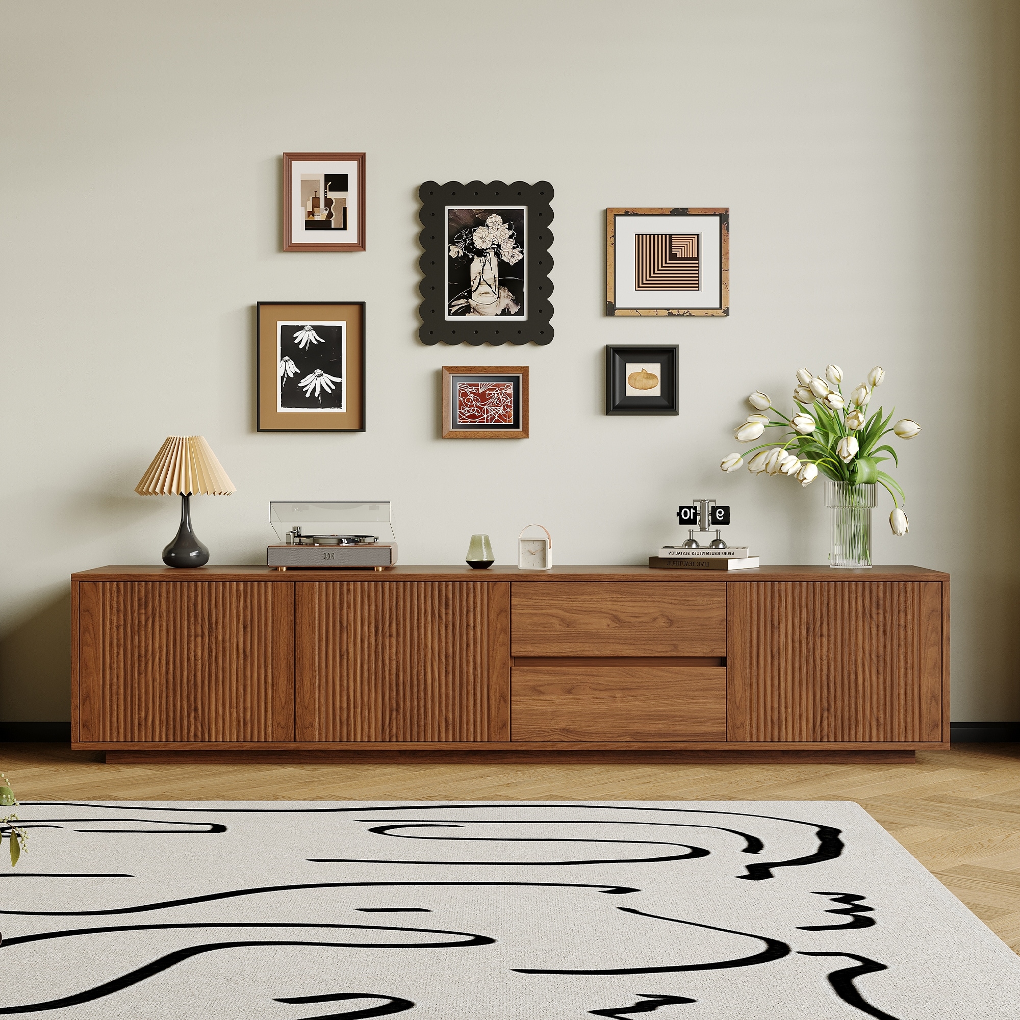 Walnut Brown Mid-Century 79" TV Stand with Storage, Retro Media Console for Living Room