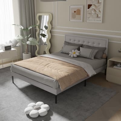 Queen Size Iron Bed Frame, Upholstered Platform Bed with Button Tufted Headboard, Wood Slats Support