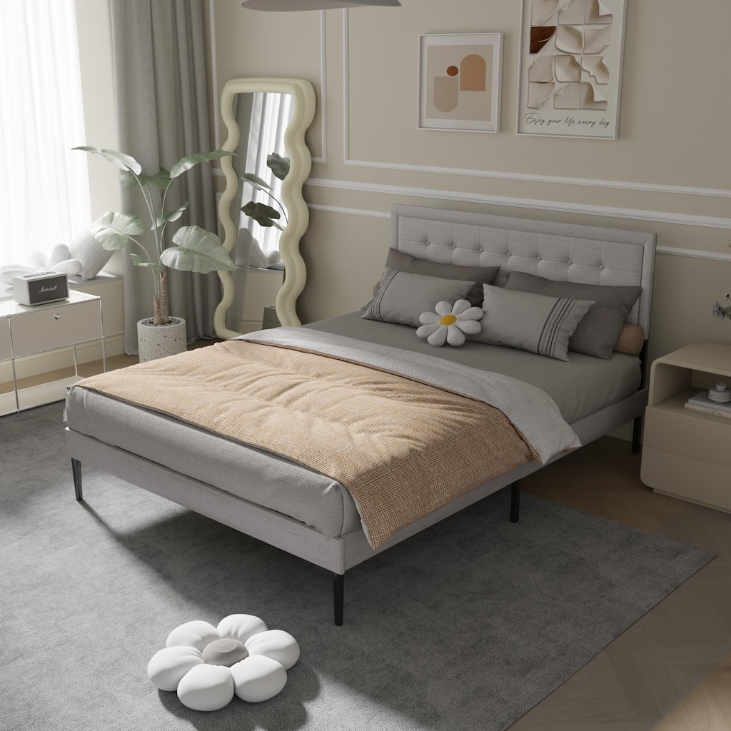 Queen Size Iron Bed Frame, Upholstered Platform Bed with Button Tufted Headboard, Wood Slats Support