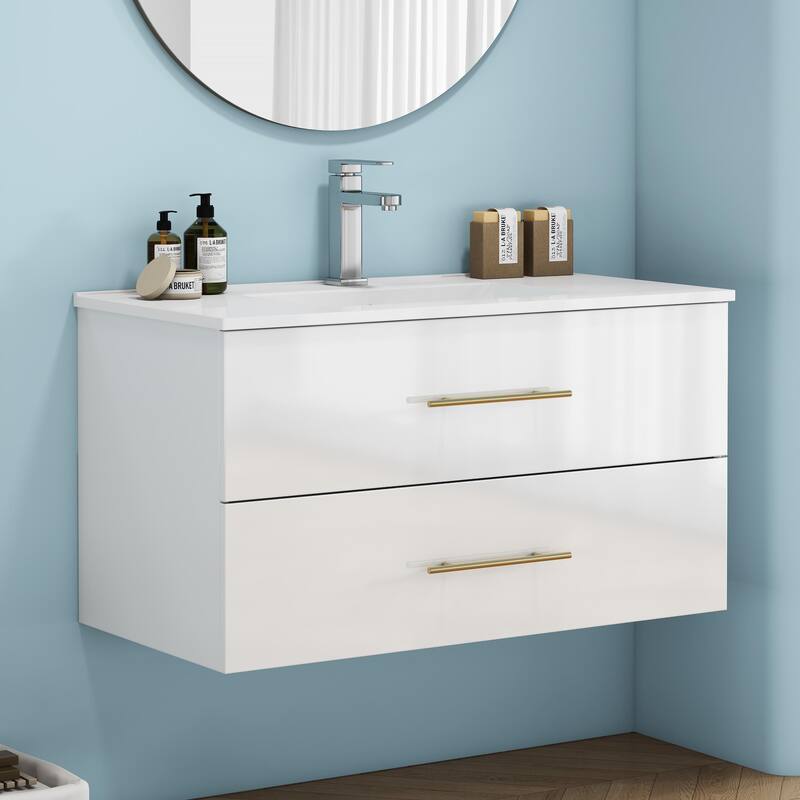36-Inch Gloss Wall-Mounted Bathroom Vanity with Sink Combo,Double Drawers,Ceramic Sink, Long Gold Metal Handle