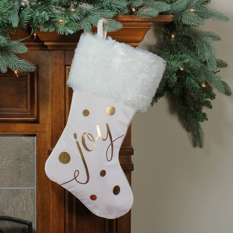 19" Ivory White Gold "Joy" Christmas Stocking w/ White Faux Fur Cuff