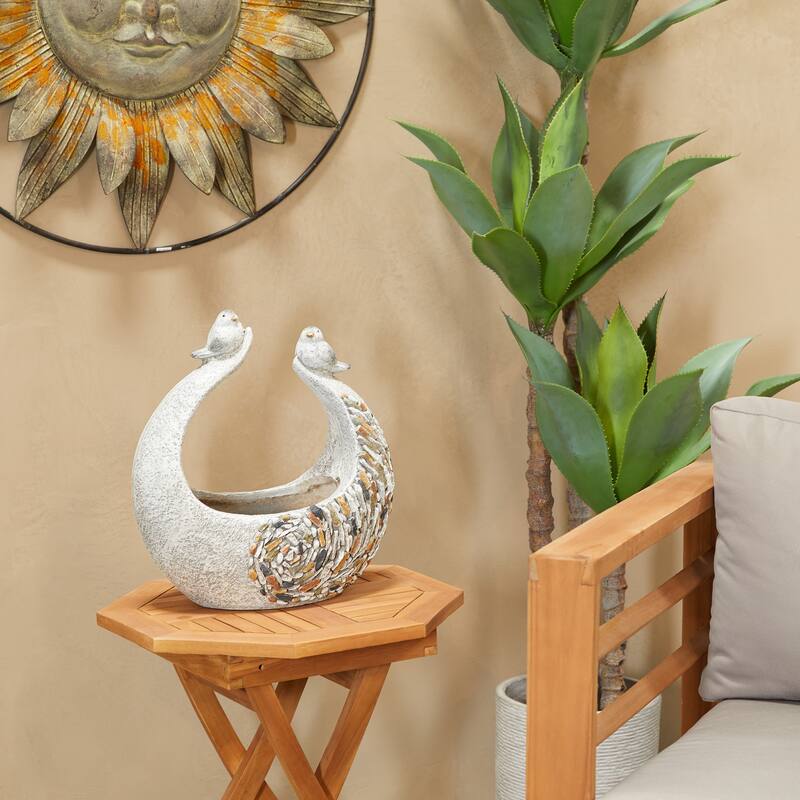 Gray Fiberglass Indoor Outdoor Planter with Stone Mosaic Design - 8"W x 14"L x 15"H - Grey - Crescent Boat