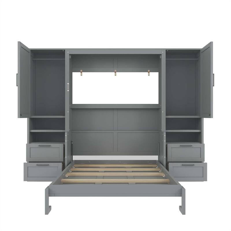 Full Size Murphy Bed Wall Bed With Closet ,Drawers And Shelves, Gray