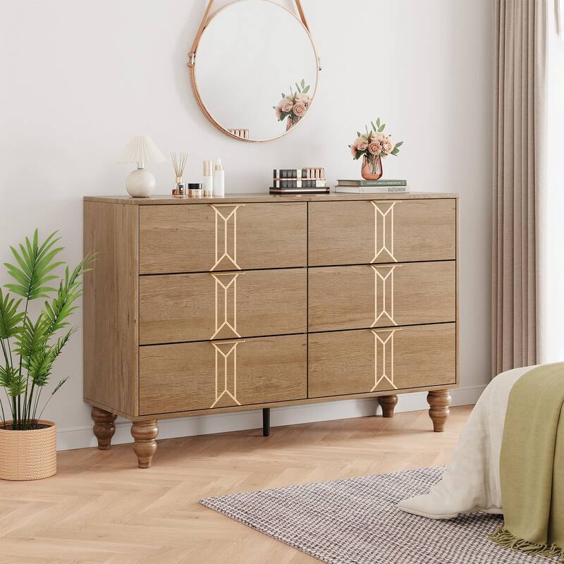6 Drawer Dresser with Deep Drawers, Modern Wooden Chest Dresser - Oak and Gold
