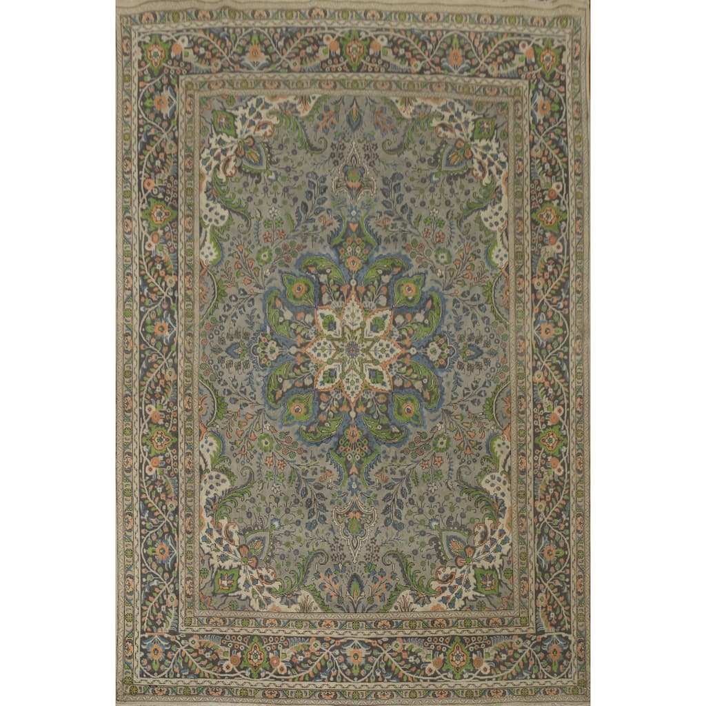 Hand Knotted Oriental 100% Wool Carpet Traditional Floral Greys & Charcoal Tabriz Area Rug - 12' 7'' X 9' 6''