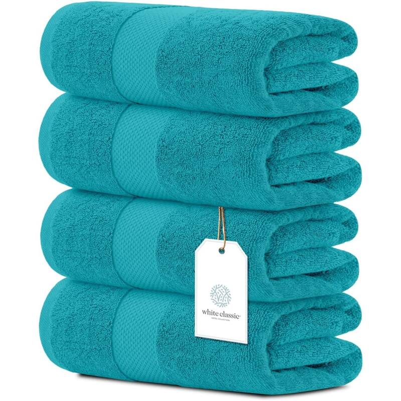 White Classic Luxury Cotton Bath Towel 27x54 - Set of 4 - Aqua
