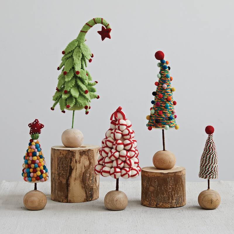 Handmade Wool Felt Pom Pom Tree with Star and Ball Base - 2.3"L x 2.3"W x 8.0"H