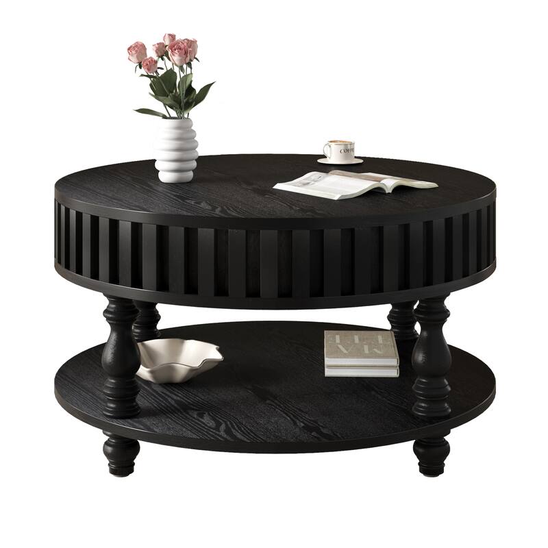 31.5" Farmhouse Round Fluted Coffee Table with Flip-Top Lids and Spacious Hidden Storage